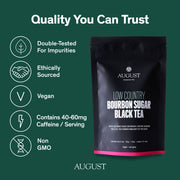 August tea package with quality assurance icons on a green background