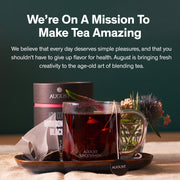 Tea cup with tea bag and packaging on a wooden surface with text about making tea amazing.