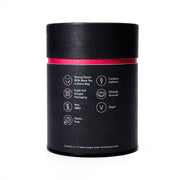 Black cylindrical container with red band and health-related icons on a white background