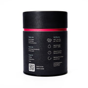 Black cylindrical container with red band and text on a white background