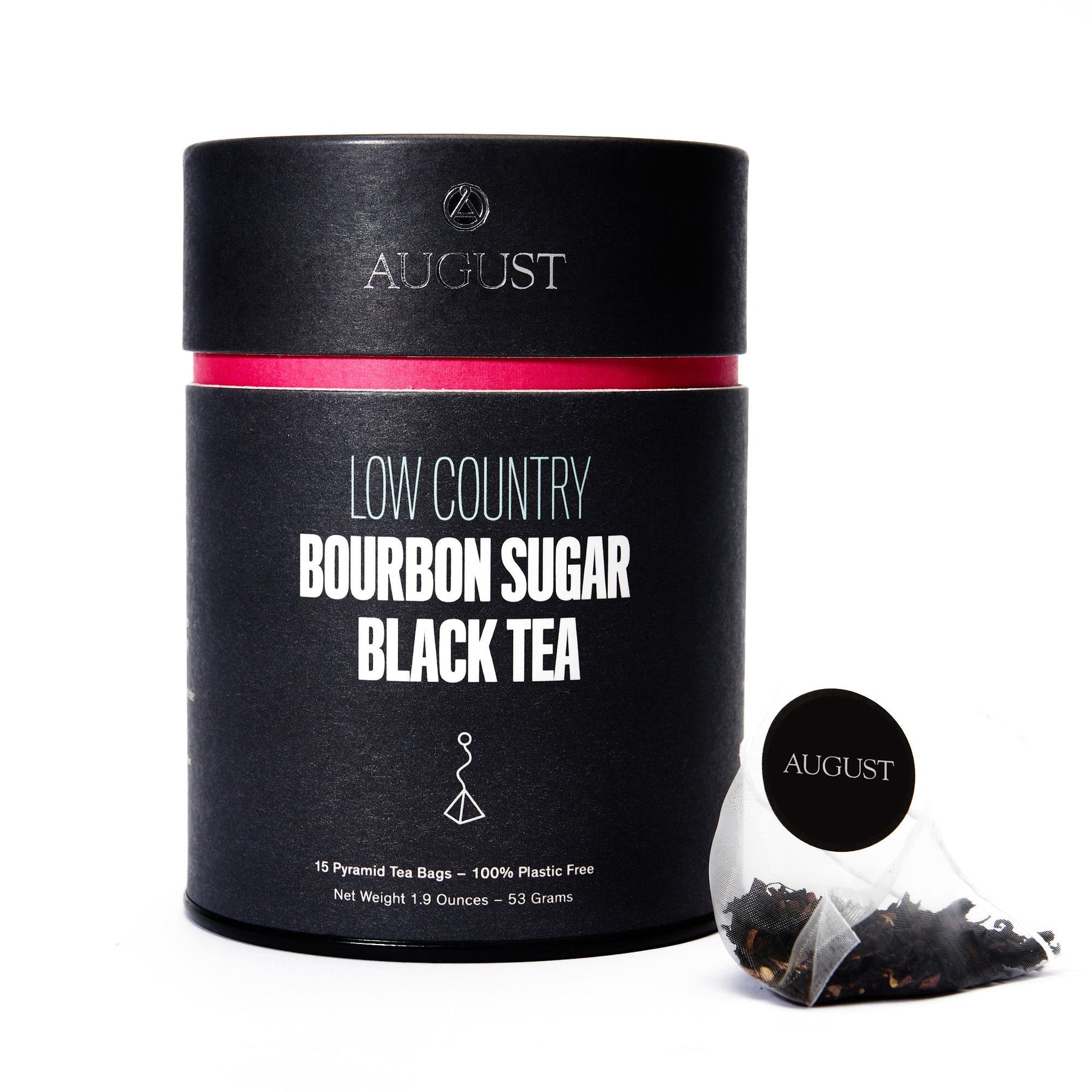 Black tea packaging with 'August' branding on a white background