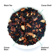 Tea blend with labeled components including black tea, cacao shell, cocoa bean, and hazelnut brittle.