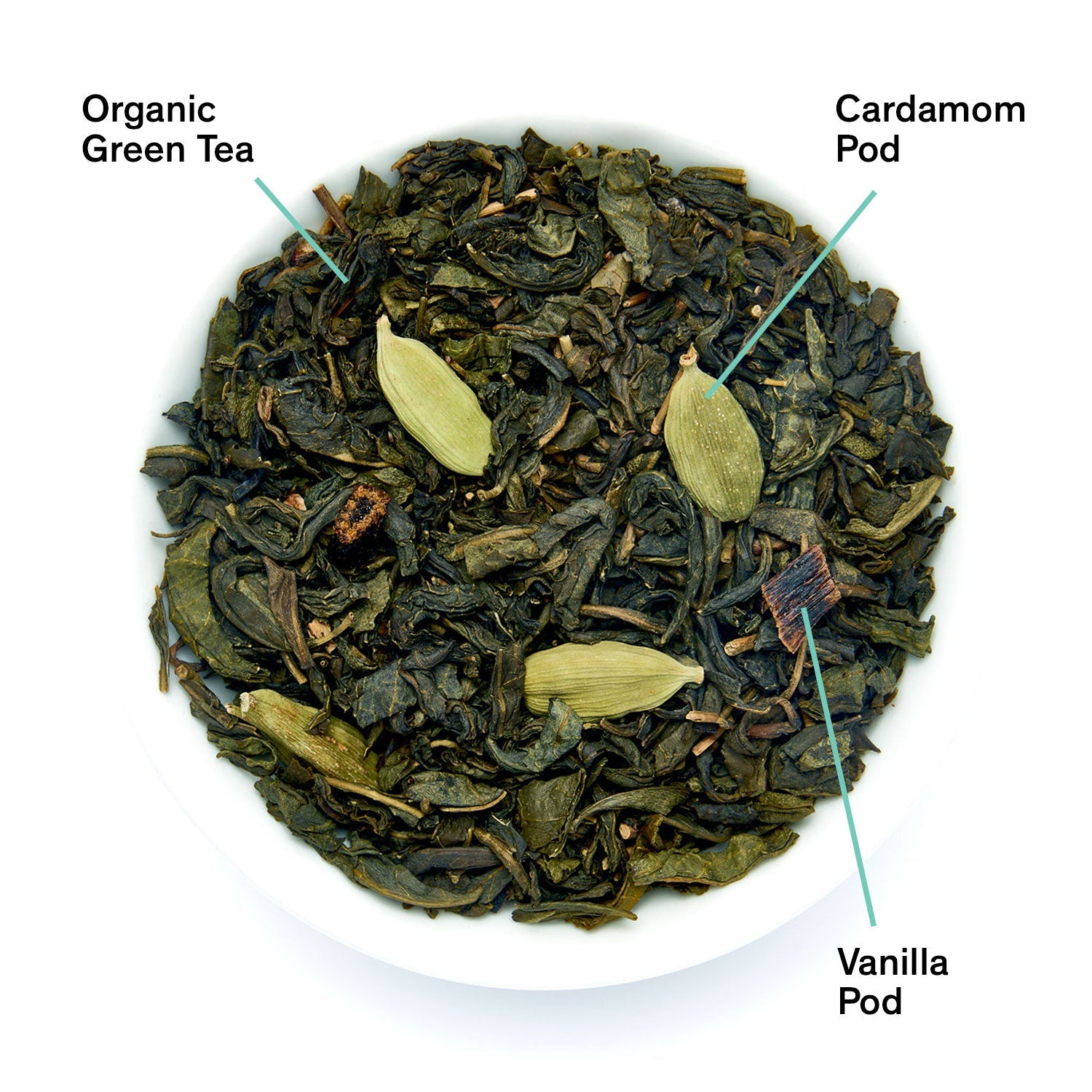 Organic green tea with cardamom and vanilla pods on a white background