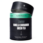 Black canister of Combray Vanilla Cardamom Green Tea with 'August' branding on a white background