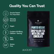 August tea package with quality certification icons on a green background