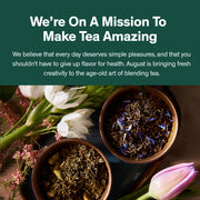 Two bowls of tea leaves with flowers on a wooden surface, accompanied by promotional text about making tea amazing.