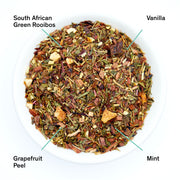 Tea blend with labeled ingredients including South African Green Rooibos, Vanilla, Grapefruit Peel, and Mint.