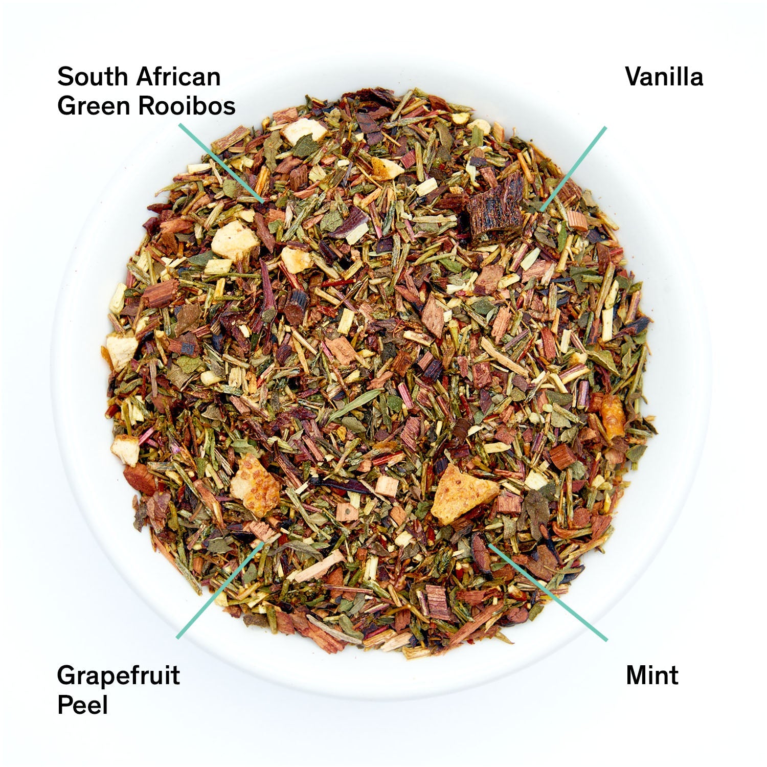 Tea blend with labeled ingredients including South African Green Rooibos, Vanilla, Grapefruit Peel, and Mint.