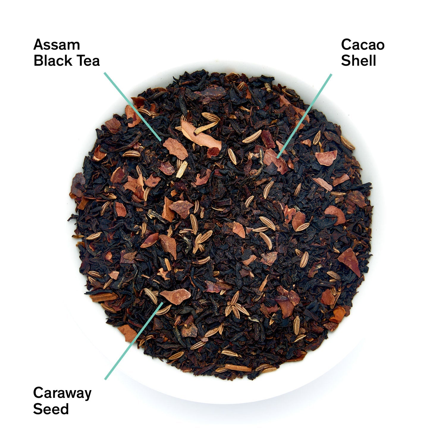 Tea blend with Assam Black Tea, Cacao Shell, and Caraway Seed labeled on a white background