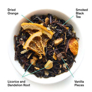 Tea blend with dried orange, smoked black tea, licorice, dandelion root, and vanilla pieces in a white bowl.
