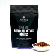 August tea package for 'Silent Night Chocolate Nutmeg Rooibos' on a white background