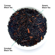Three types of black tea labeled Yunnan, Assam, and Smoked on a white background.