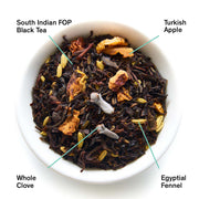 Tea blend with labeled ingredients including South Indian FOP Black Tea, Turkish Apple, Whole Clove, and Egyptian Fennel.