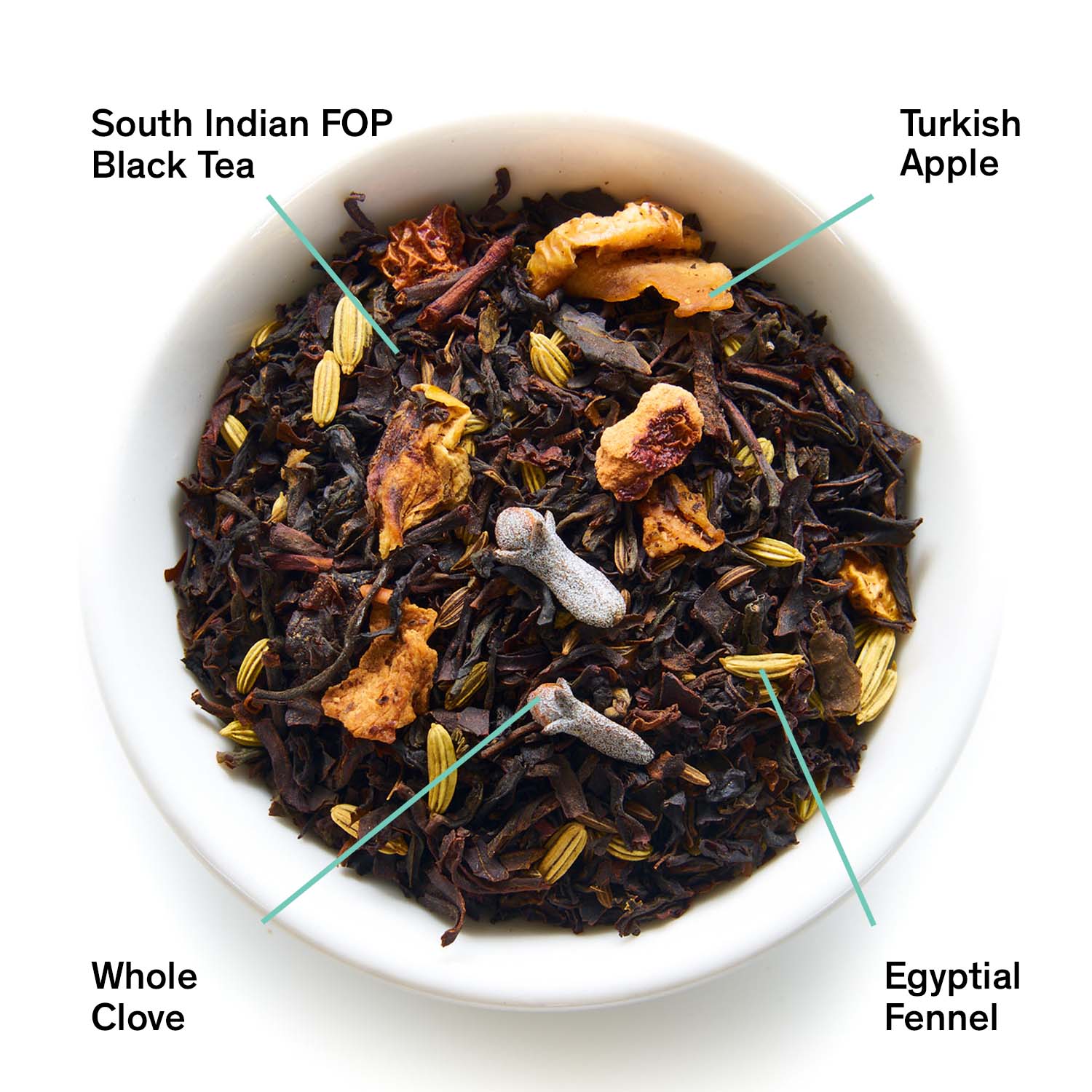 Tea blend with labeled ingredients including South Indian FOP Black Tea, Turkish Apple, Whole Clove, and Egyptian Fennel.