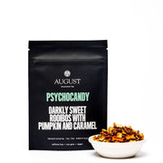 August tea package labeled 'Psychocandy' with a bowl of tea leaves on a white background