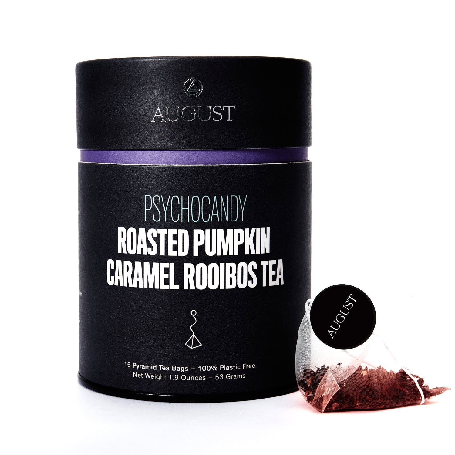 Black tea canister with 'August' branding and 'Psychocandy Roasted Pumpkin Caramel Rooibos Tea' text on a white background.