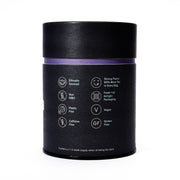 Black cylindrical container with purple band and certification icons on a white background