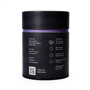 Black cylindrical container with purple band on a white background