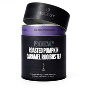 Tea canister labeled 'Psychocandy Roasted Pumpkin Caramel Rooibos Tea' by August on a white background