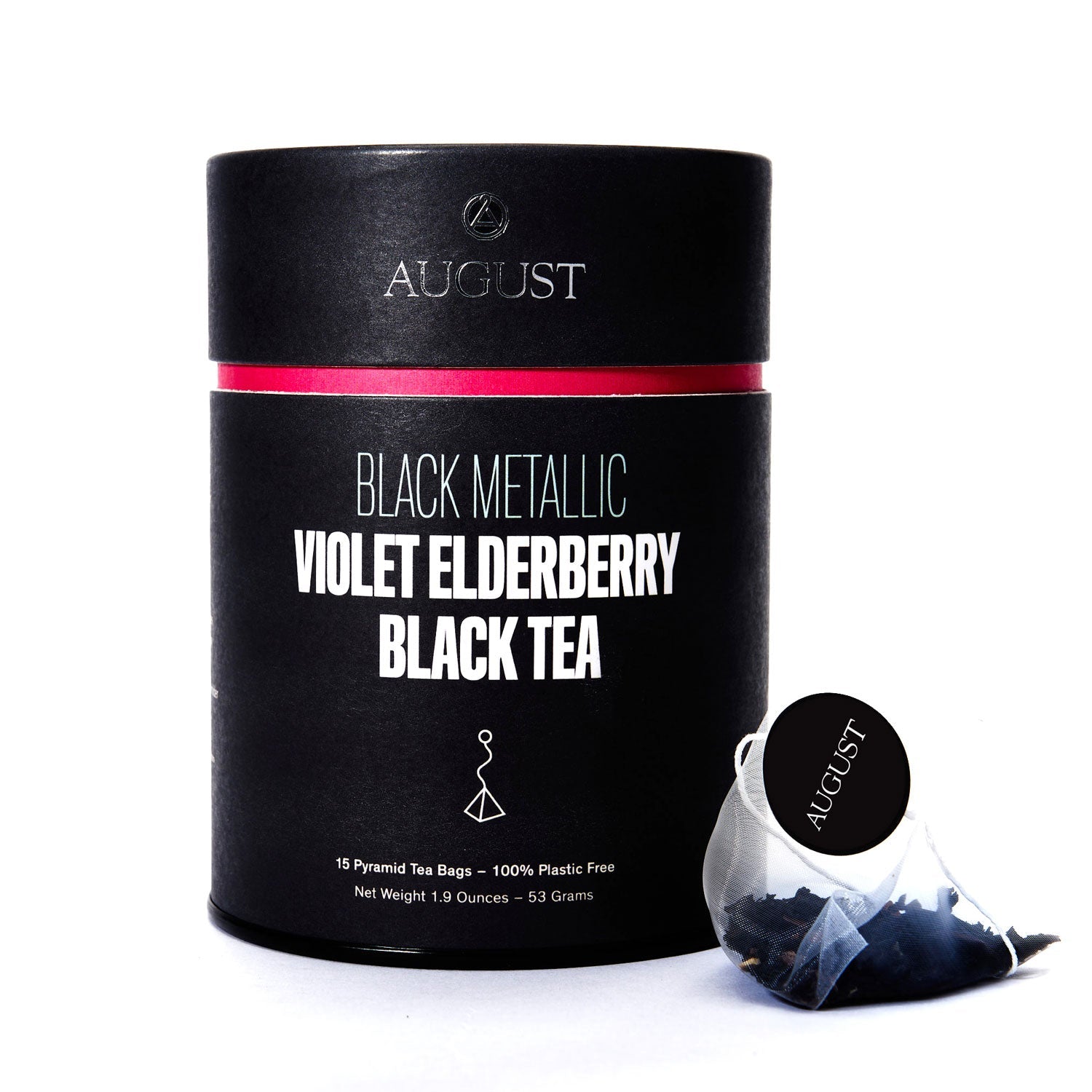 Black cylindrical tea packaging with 'August' branding and tea bags on a white background