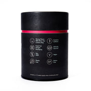 Black tea canister with red band and certification icons on a white background