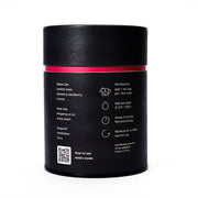 Black cylindrical container with red band and text on a white background