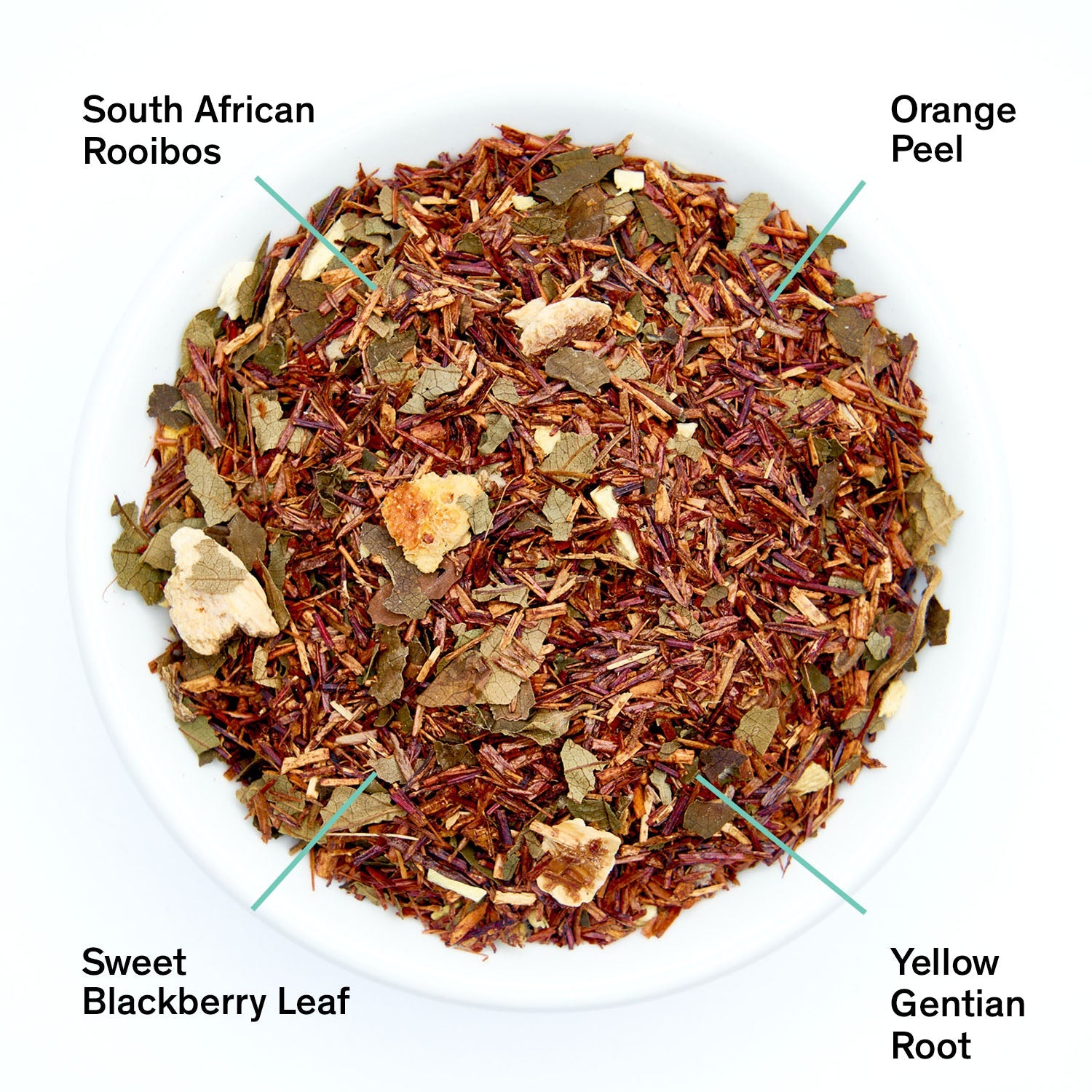 Tea blend with labeled ingredients including South African Rooibos, Orange Peel, Sweet Blackberry Leaf, and Yellow Gentian Root.