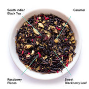 Tea blend in a bowl with labeled components on a white background