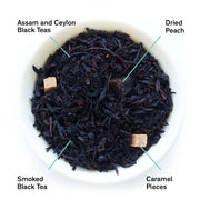 Assorted black tea leaves with labeled components including Assam and Ceylon black teas, dried peach, smoked black tea, and caramel pieces.
