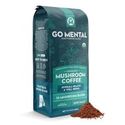 Go Mental Mushroom Coffee package with coffee grounds on a white background