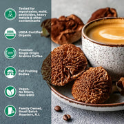 Cup of coffee with coffee beans and a list of certification badges on a gray background