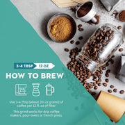 Coffee beans and brewing instructions on a textured surface with a teal overlay.