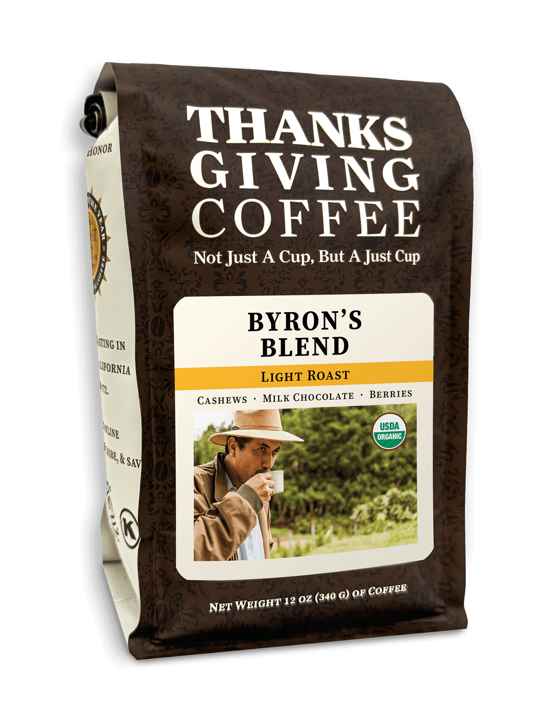 Coffee bag labeled 'Thanks Giving Coffee' with a man drinking coffee on a label