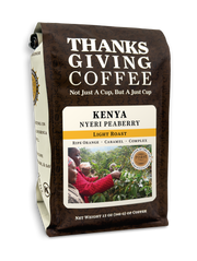 Coffee bag labeled 'Thanks Giving Coffee' with a focus on Kenya Nyeri Peaberry.