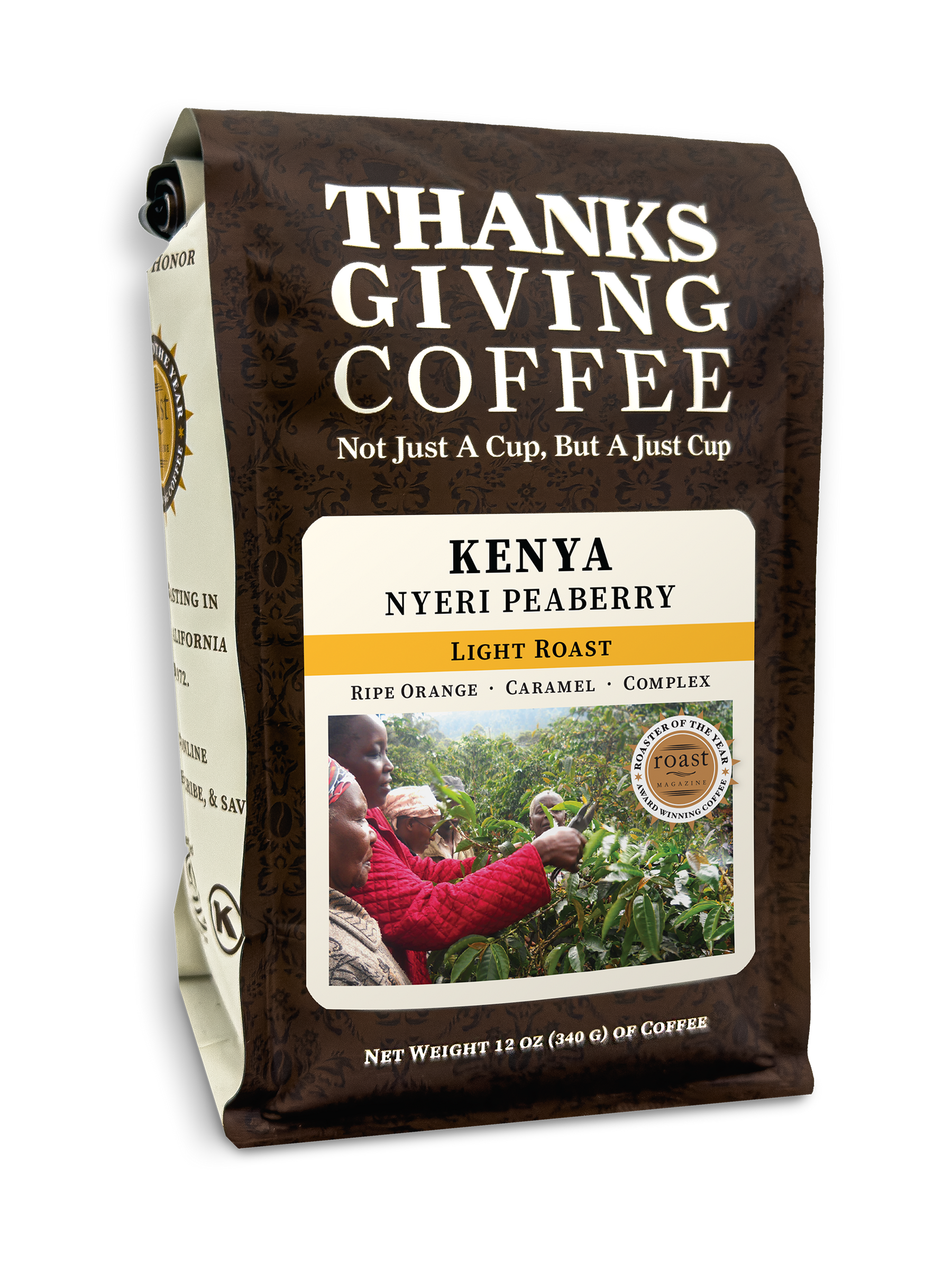 Coffee bag labeled 'Thanks Giving Coffee' with a focus on Kenya Nyeri Peaberry.