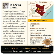 Kenya coffee label with map, description, and branding details