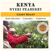 Kenya Nyeri Peaberry coffee advertisement with people in a coffee plantation and Roast Magazine award logo.