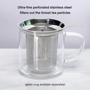 Glass mug with stainless steel tea infuser on a white background