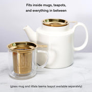 Tea infuser with text indicating compatibility with mugs, teapots, and glass mug and iittala teema teapot.
