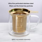 Gold tea infuser with text on a white background
