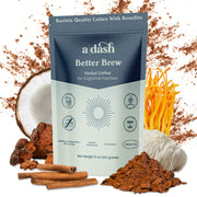 Package of 'a dash Better Brew' herbal coffee with natural ingredients on a white background