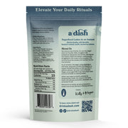 Back of a Dash superfood lattes packaging with text and QR code on a white background
