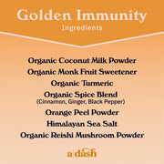 List of ingredients for 'Golden Immunity' on a beige background with 'a dash' logo.