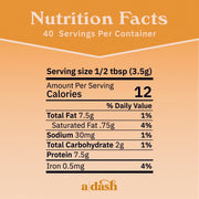Nutrition facts label for a product with 'a dash' branding on an orange background
