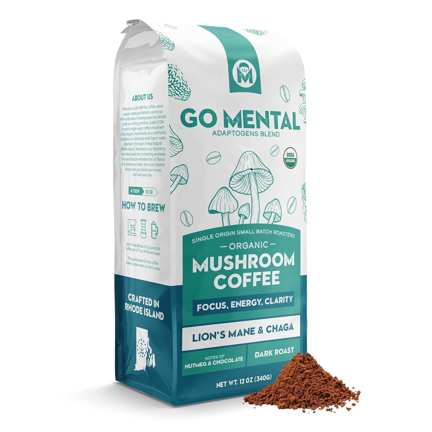 Go Mental Organic Mushroom Coffee package with ground coffee on a white background