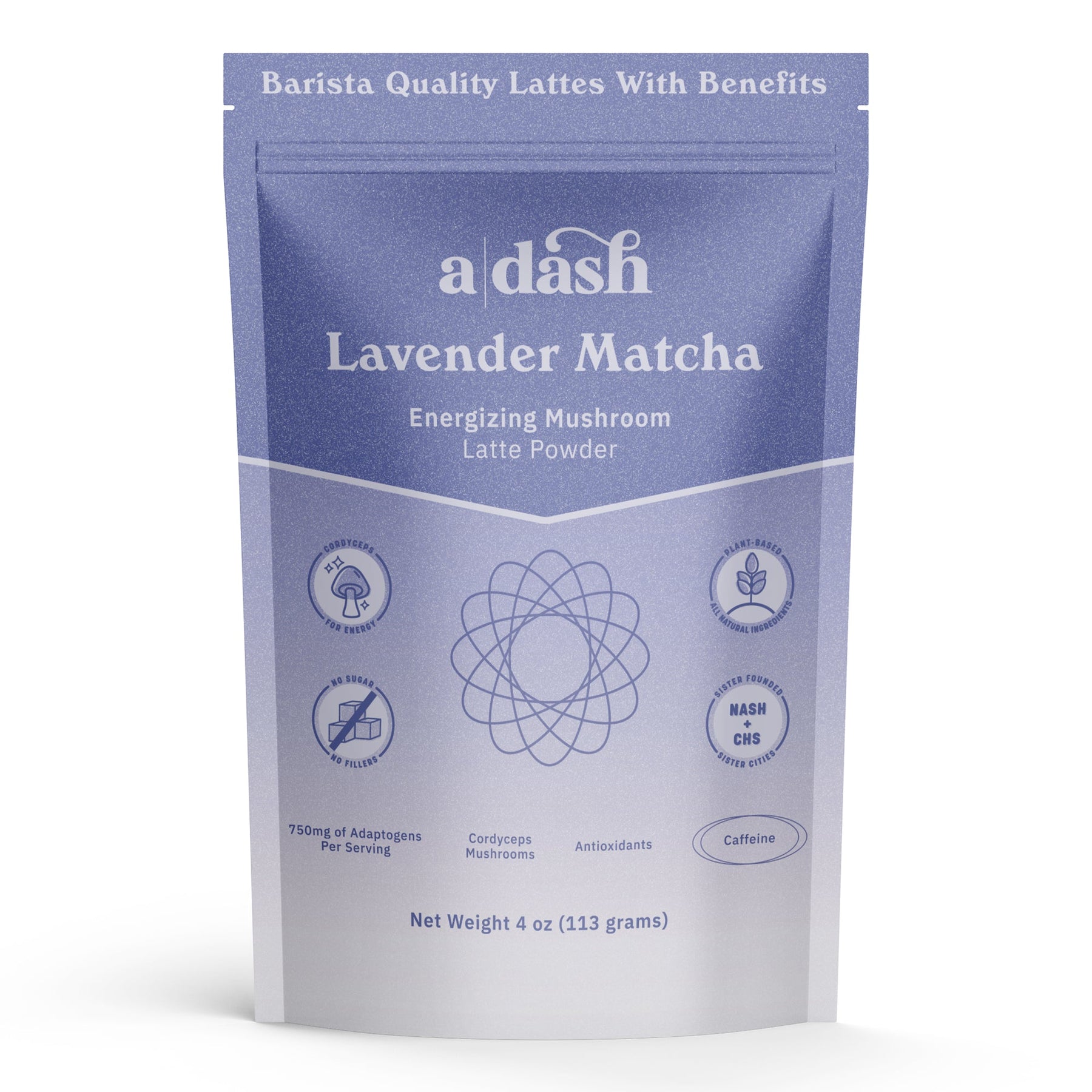 Package of 'a dash' Lavender Matcha latte powder on a white background
