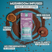 Go Mental mushroom-infused coffee package with red reishi and chaga on a blue background