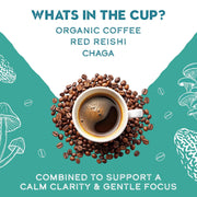 Promotional graphic for organic coffee with red reishi and chaga, featuring a cup of coffee and coffee beans on a teal background.