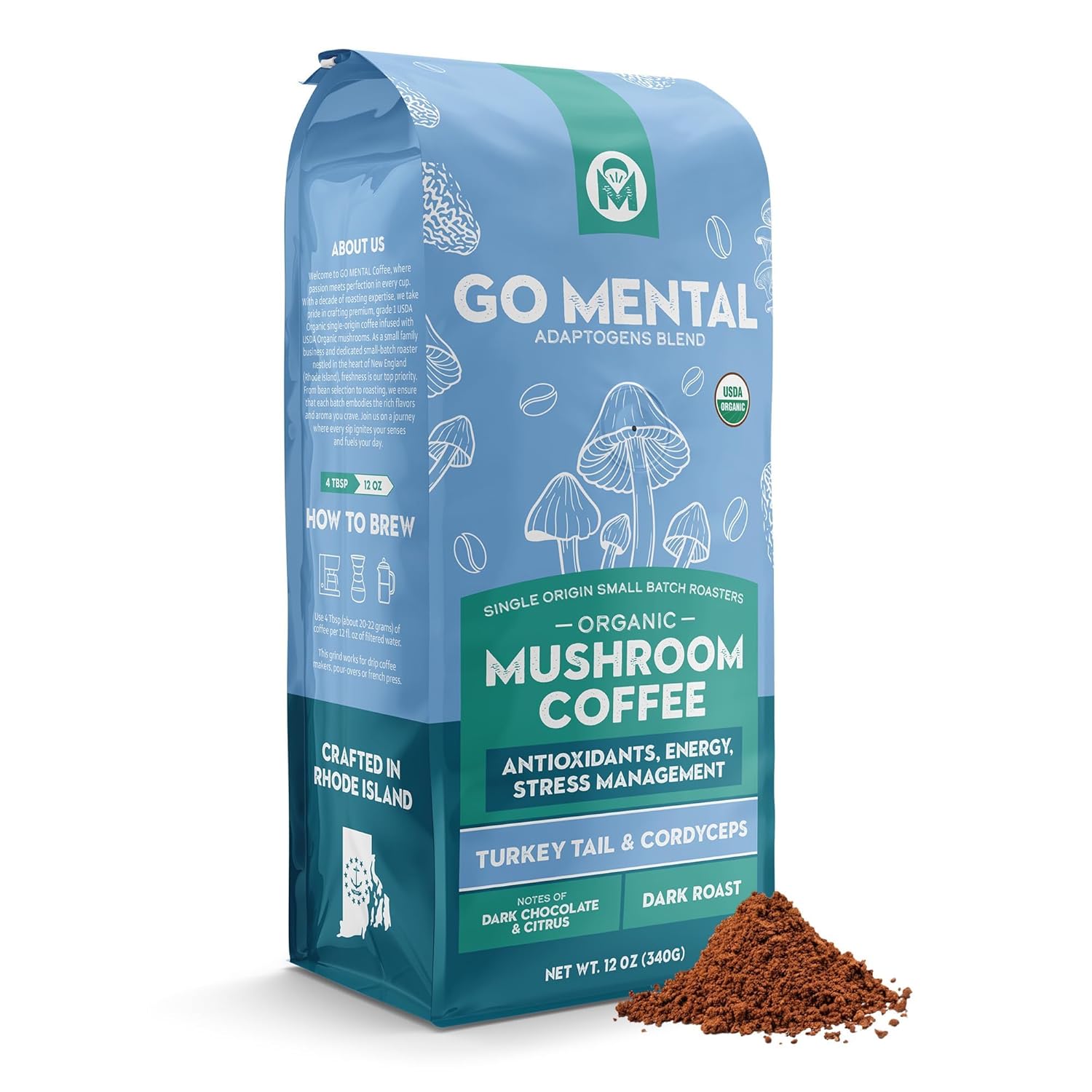 Go Mental Organic Mushroom Coffee package with ground coffee on a white background