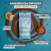 Go Mental mushroom-infused coffee package with ingredients on a blue background